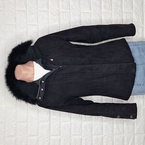 MARKER Black Suede Ski Jacket with Removable Fur Collar and Hidden Hood